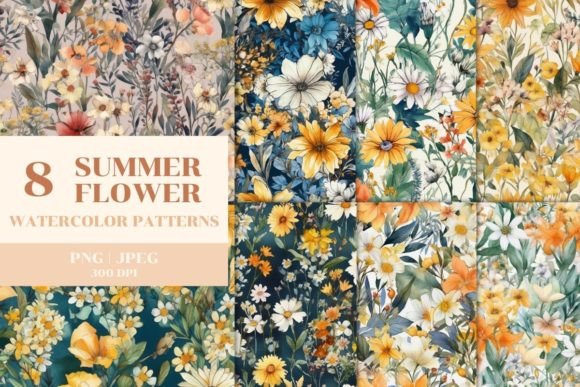 Download 8 Watercolor Summer Flowers Pattern - Watercolor summer flowers Collection
